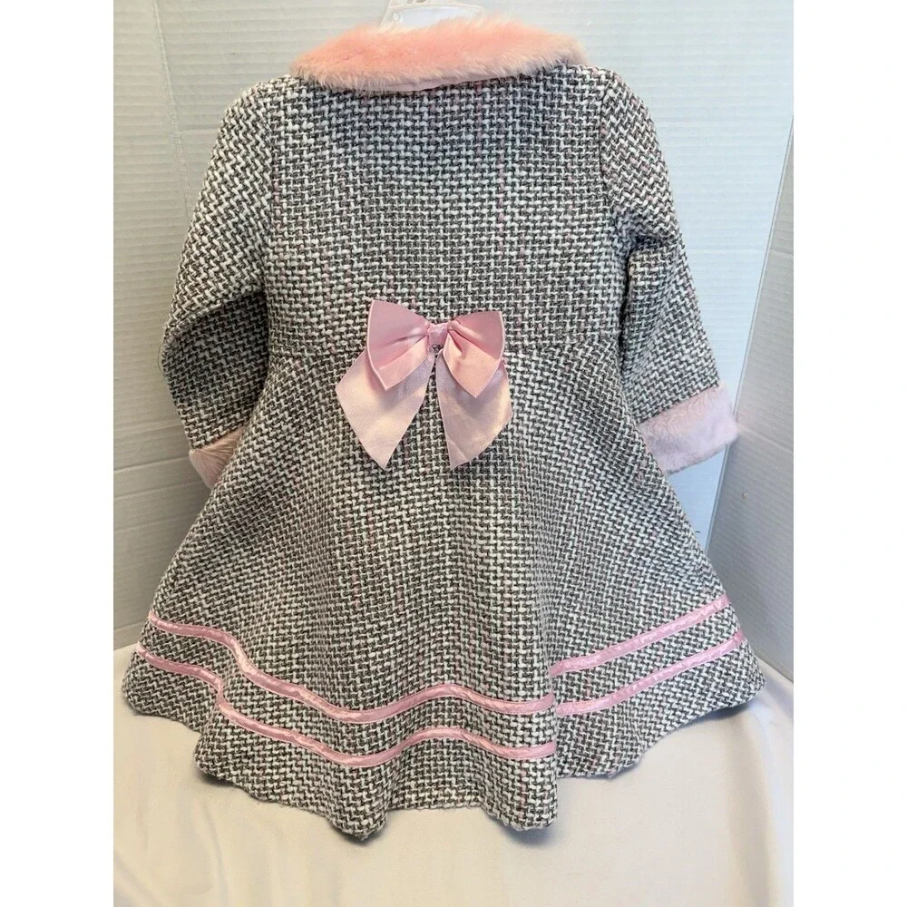 Blueberi Boulevard Cost & Dress Girls Pink /Gray Faux Fur Collar, Trim & Buttons